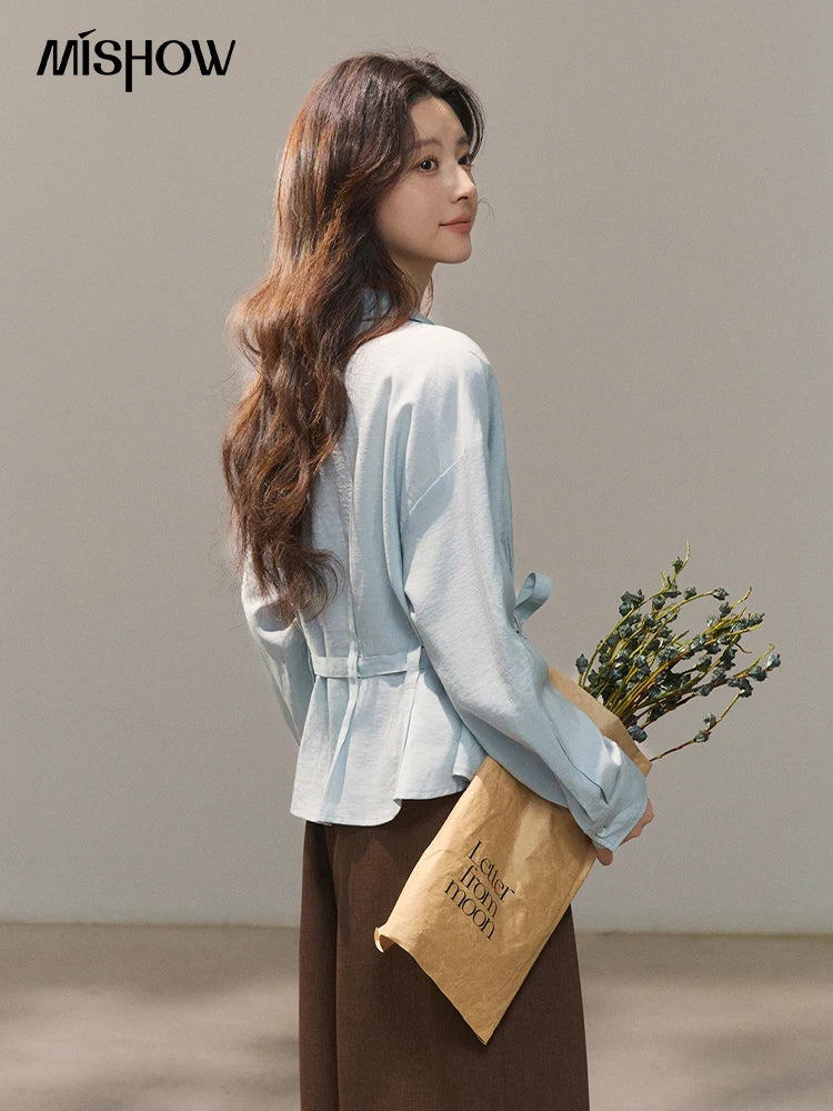 MISHOW Light Blue Lyocell Shirt V-Neck Belted Waist MXF13C2437