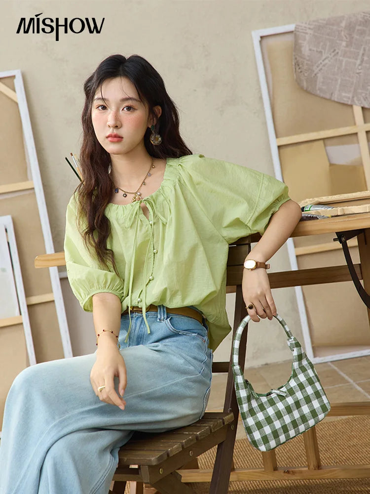 MISHOW Round Neck Blouse Lace Up Puff Sleeve MXE36X1875