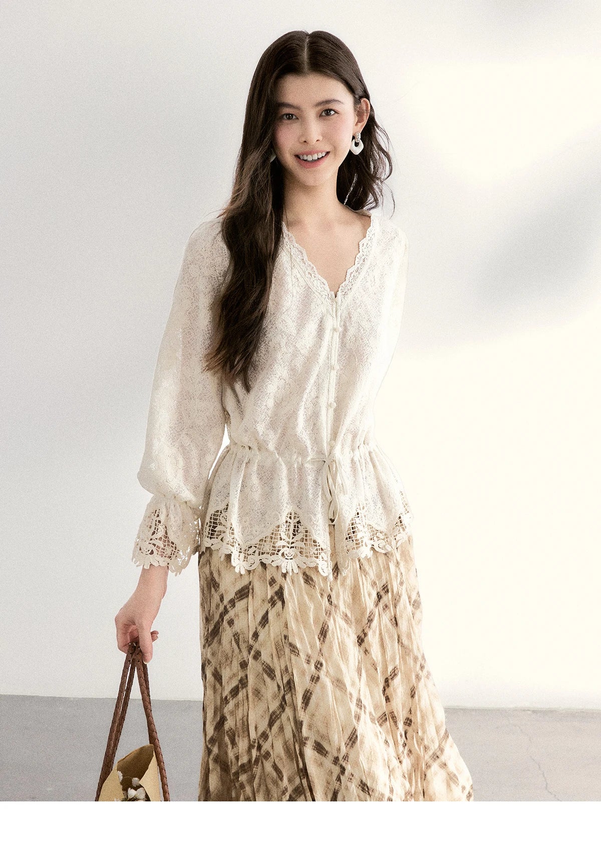 MISHOW Lace V-Neck Blouse Drawstring Waist Ruffled Hem MXF108X0998