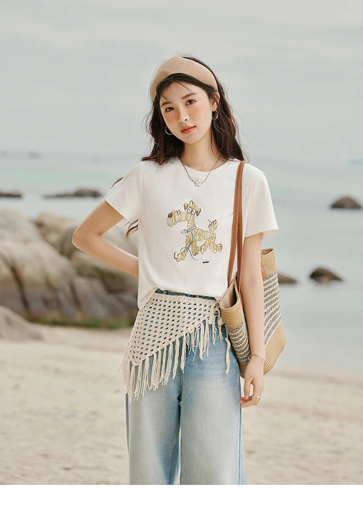 Mishow Cartoon Print Loose Embroidery Tee MXE31T0550