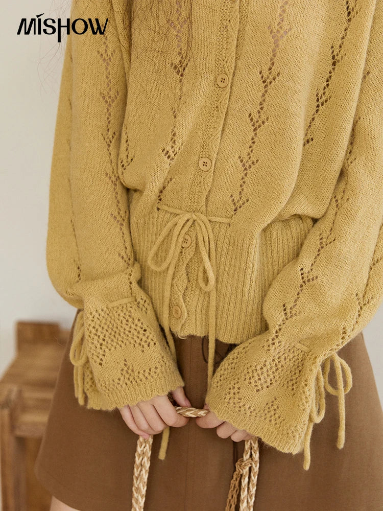 Mishow Yellow Hollow V-Neck Drawstring Cardigan MXF108Z1022