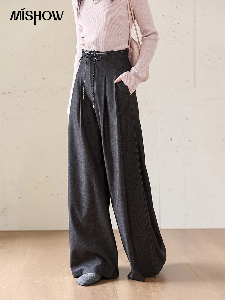 MISHOW Gray Wide-Leg Pants Lace-Up High Waist Slim MXE51K1106