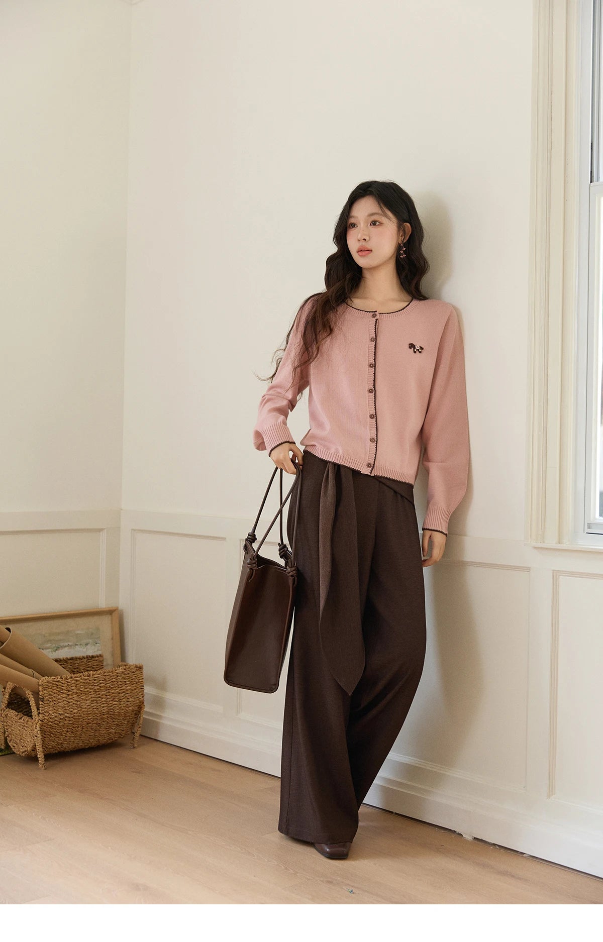Mishow Pink Contrast Trim Pony Decoration Cardigan MXF108Z1023