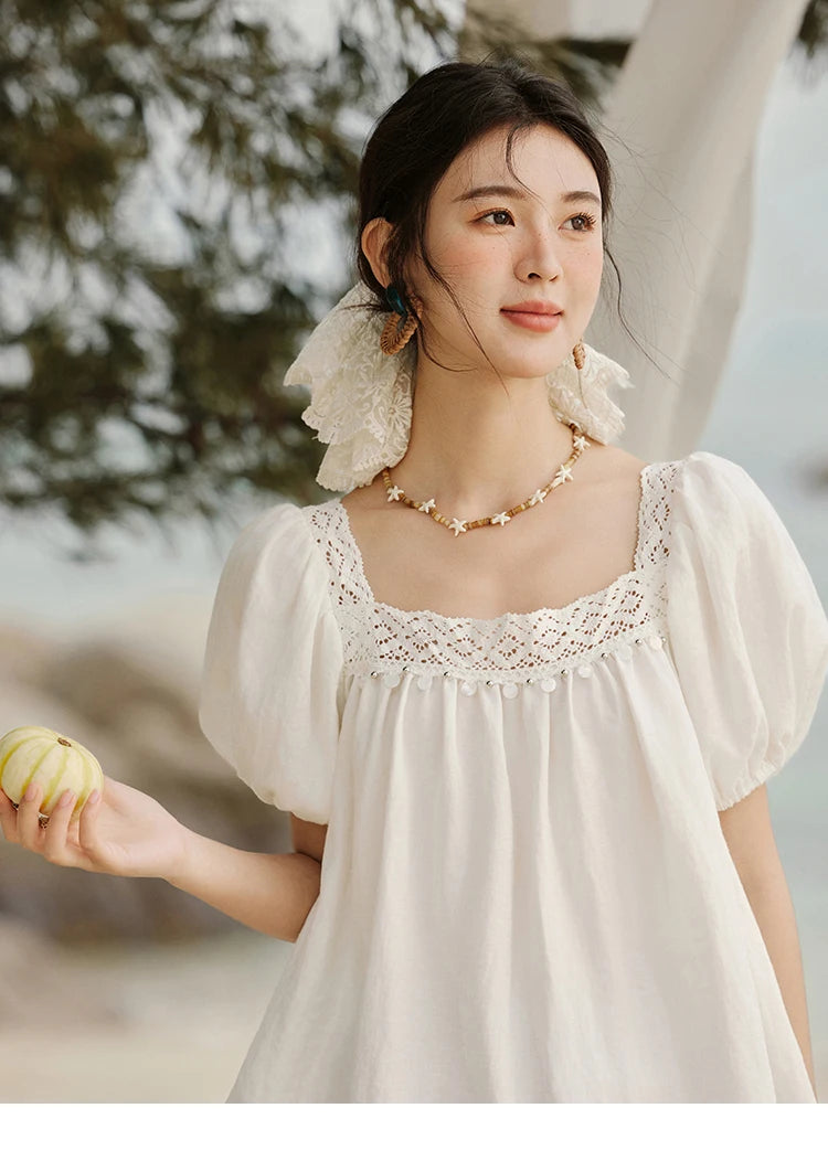 MISHOW Square Collar Puff Sleeve Blouse Lace Splicing MXE32X1780