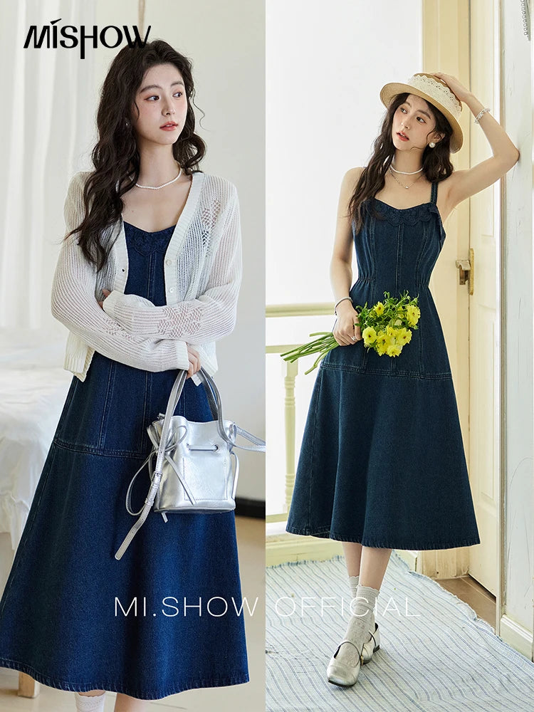 Mishow Denim Camisole Hollowed Out Lace Edge Dress MXE13L2094
