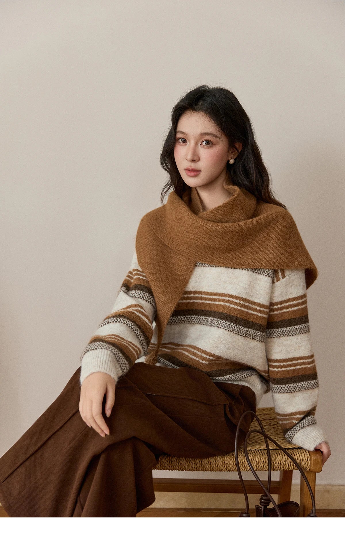 Mishow Wool Blend Retro Striped Sweater with Scarf MXE94Z2987