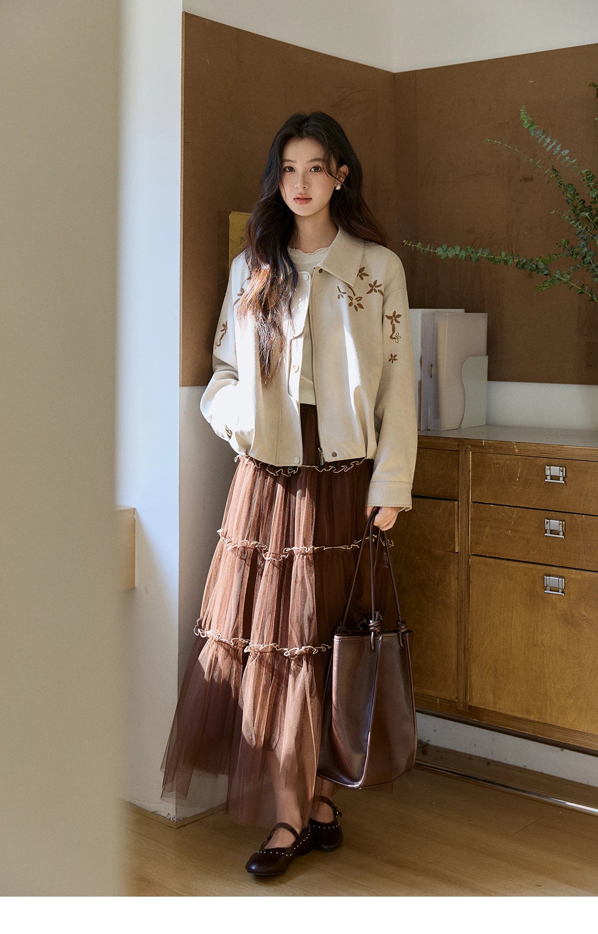MISHOW Imitation Suede Jacket Floral Embroidery Lapel Zipper MXF11W1027