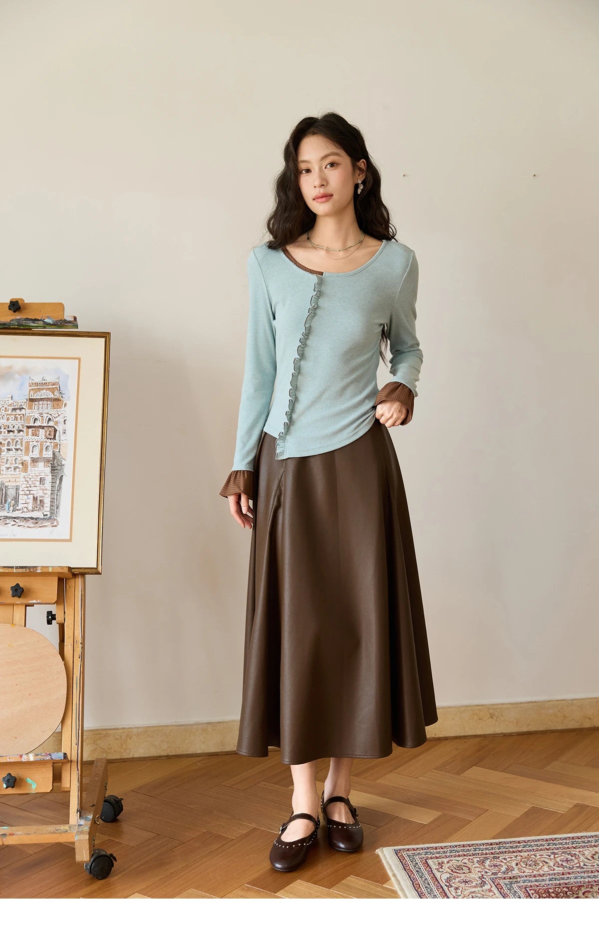 MISHOW PU Leather A-Line Skirt High Waist Retro Coffee MXE45B2412