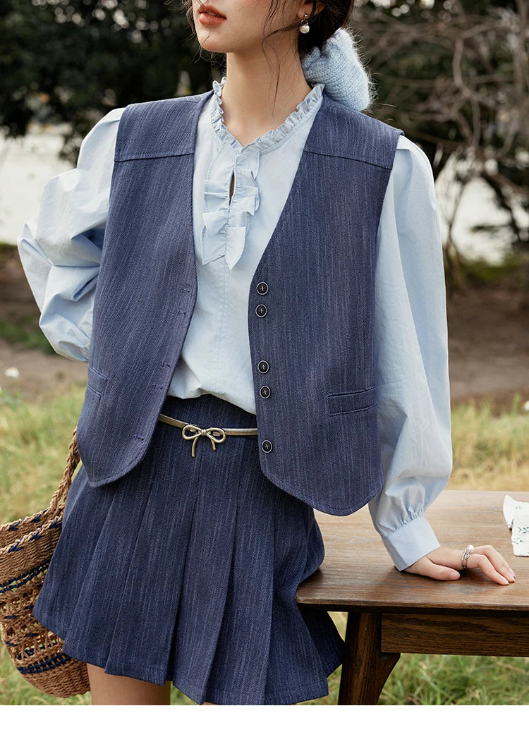 Mishow V-Neck Vest Coat & Pleated A-Line Skirt Set MXE31T0505