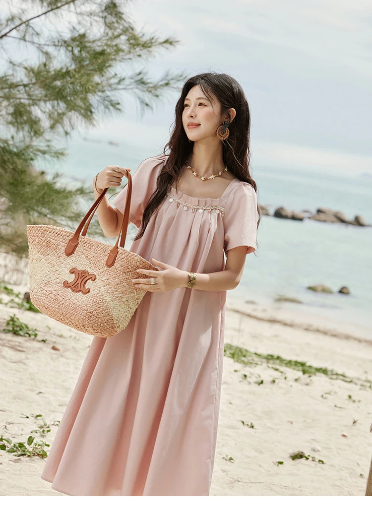 Mishow Bohemian Pink Square Collar Belt Dress MXE33L2158