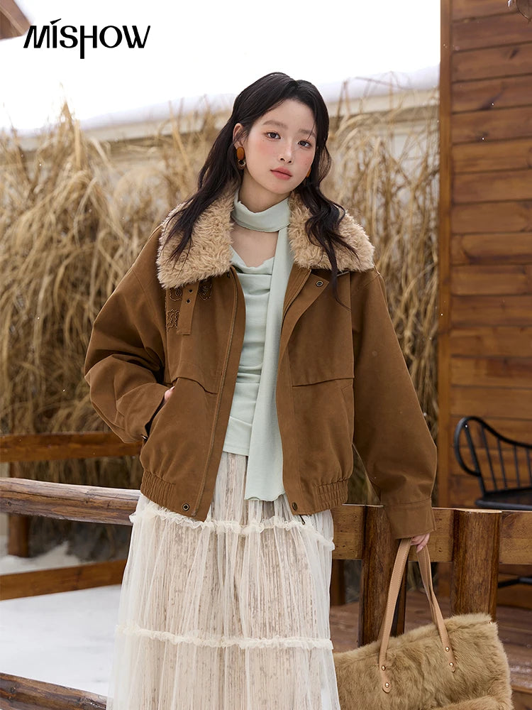 MISHOW Brown Suede Jacket Detachable Fur Collar Zipper MXE51W0876