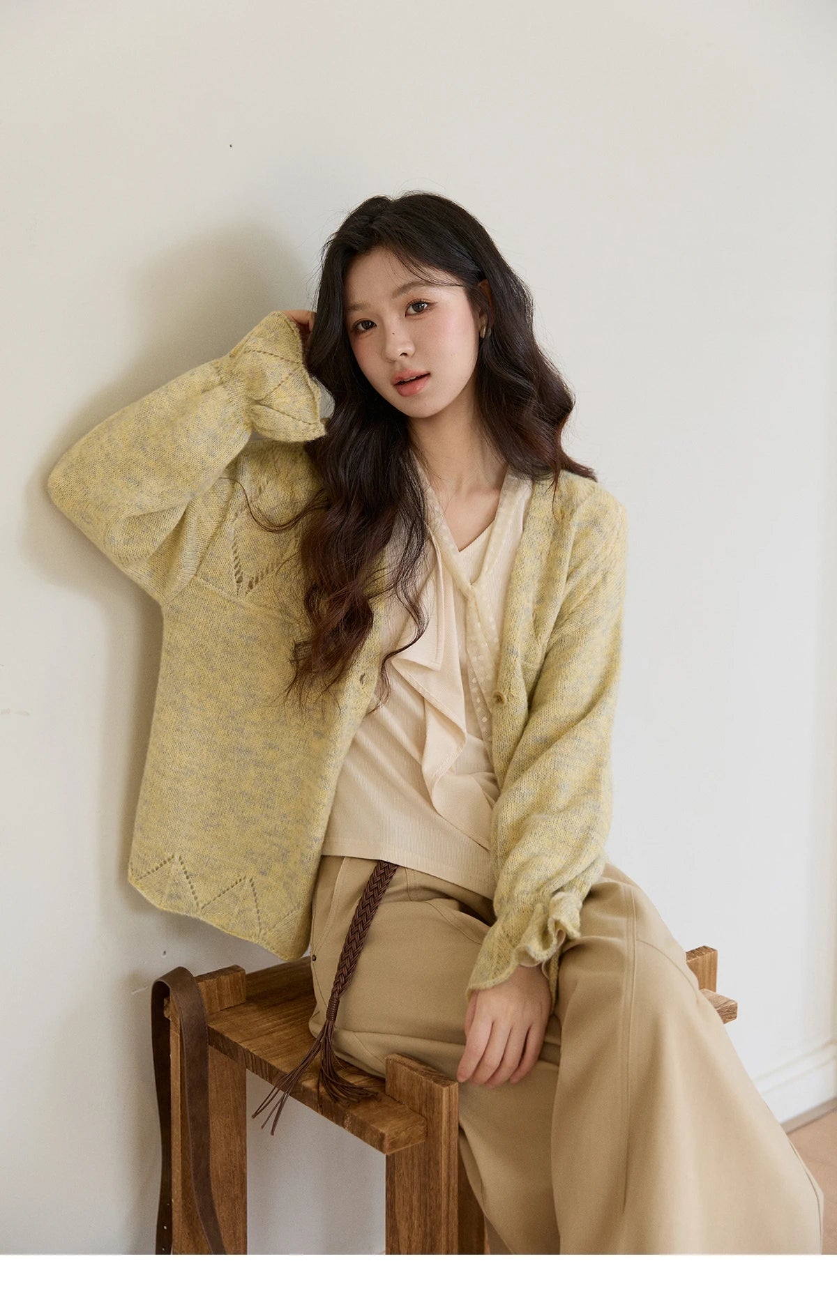Mishow Marled Yellow Mohair Flare Sleeve Cardigan MXF108Z1021