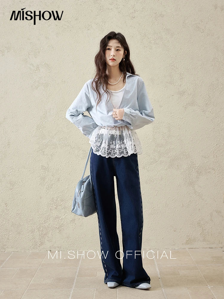 MISHOW French Fake Two-Piece Blouse Turn-Down Collar Lace Splicing MXE16C0783