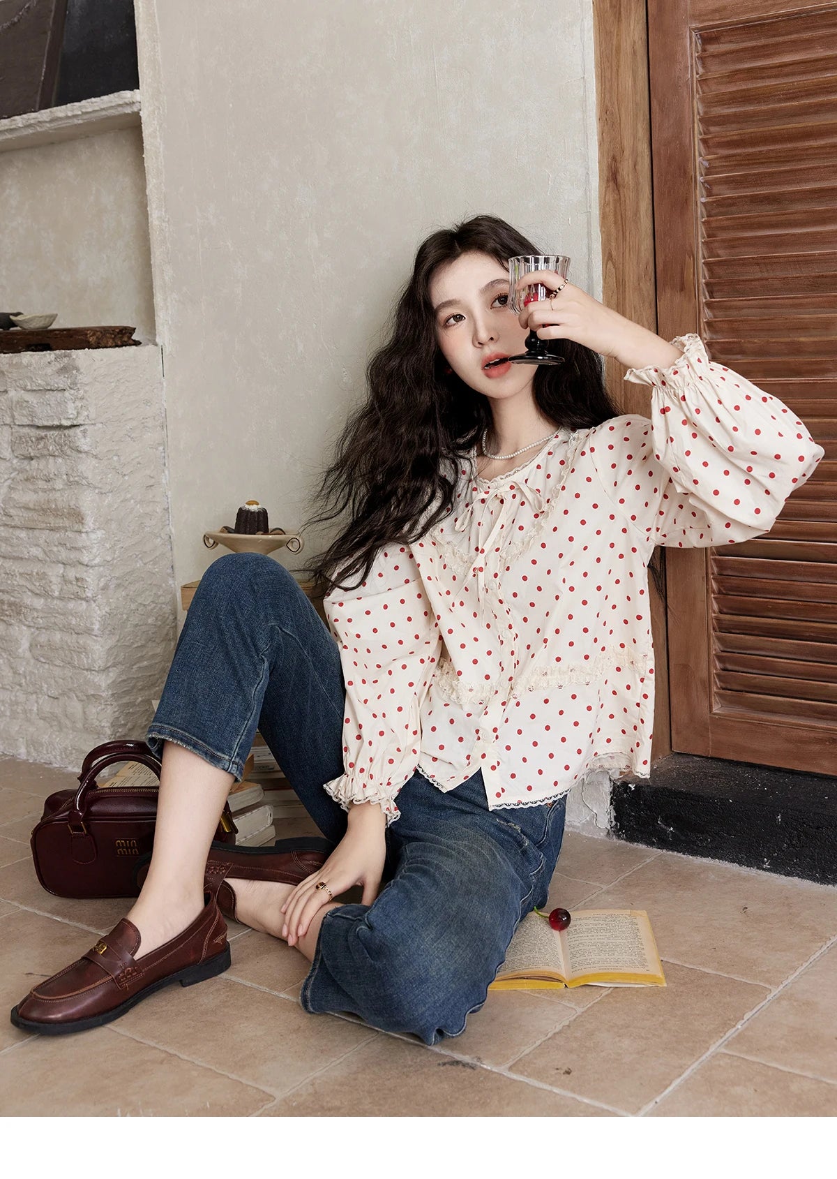 MISHOW Lace Up Polka Dot Round Neck Lace Shirt Elastic Petal Cuffs MXD44X1667