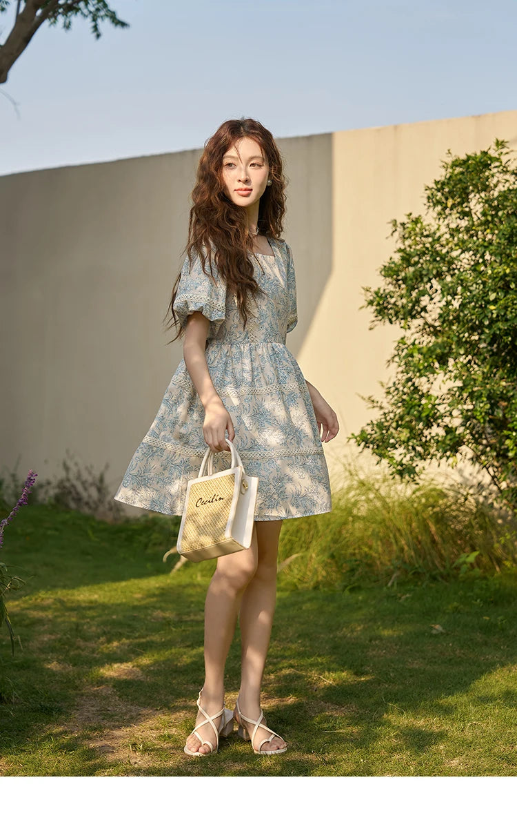 Mishow Square Collar Blue Floral Puff Sleeve Dress MXC38L1520
