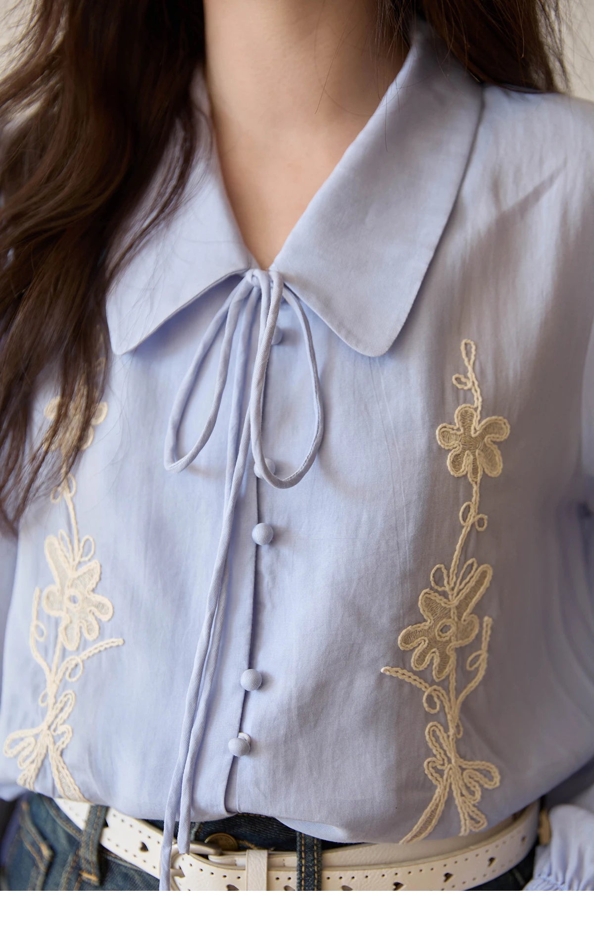 MISHOW Lyocell T-Shirt Flower Embroidered Puff Sleeves Lace-Up MXE42C2371