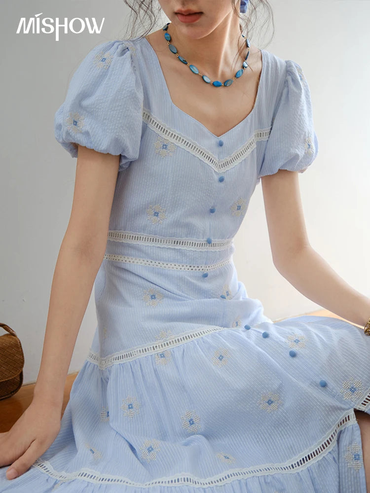 Mishow French Sweet Flower Embroidery Puff Sleeve Dress MXE35L2271