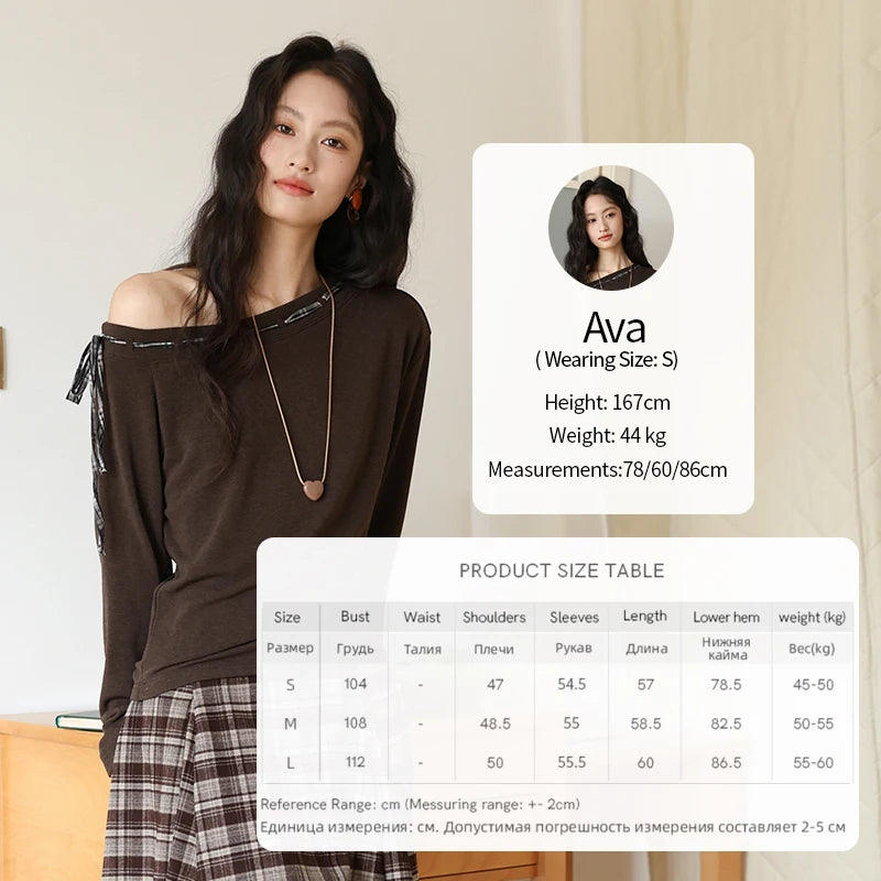Mishow Slant Shoulder Dark Brown Strap Knit Top MXE45T1402