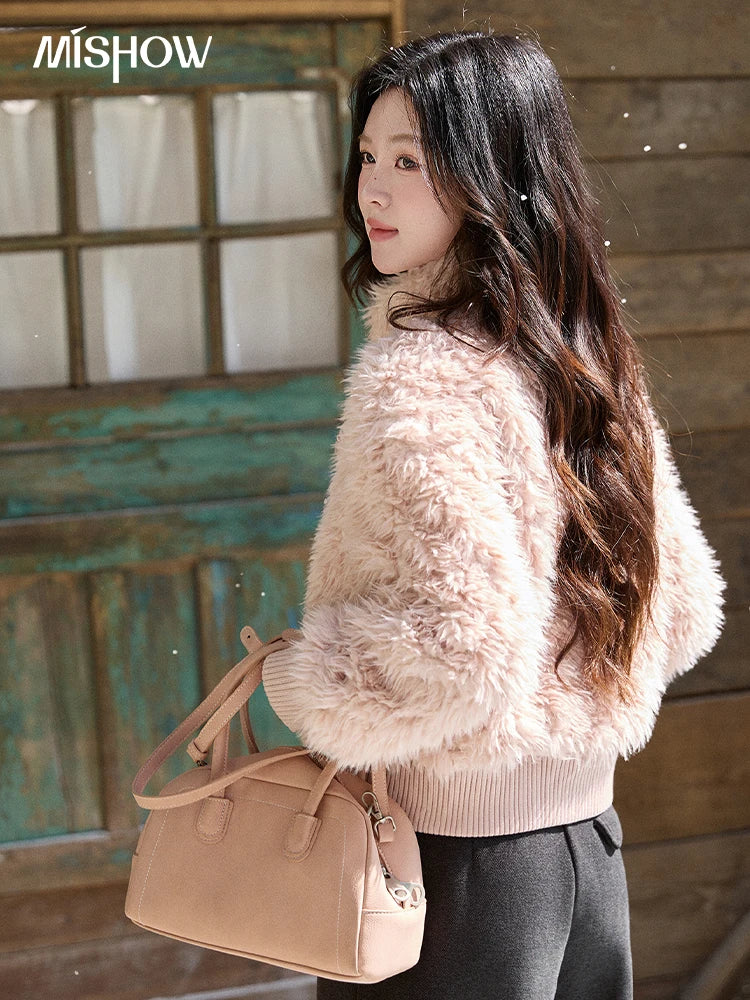 Mishow Pink Stand Collar Faux Lamb Wool Coat MXE91W0974
