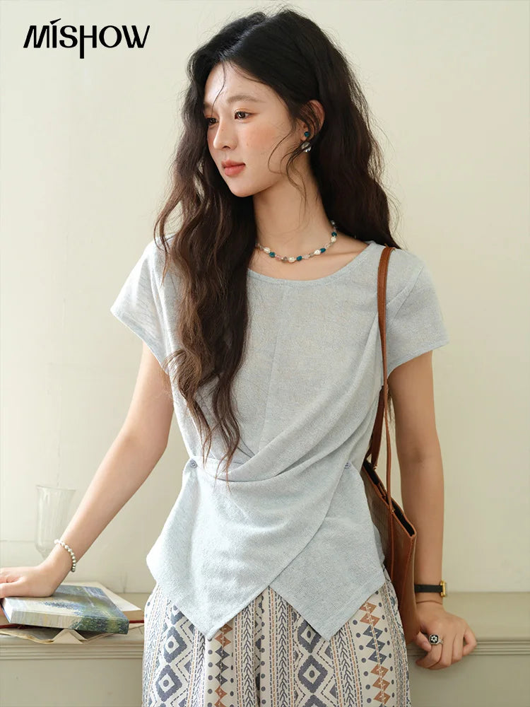 MISHOW Round Neck Knitted T-Shirt Irregular Design Button MXE39T0709