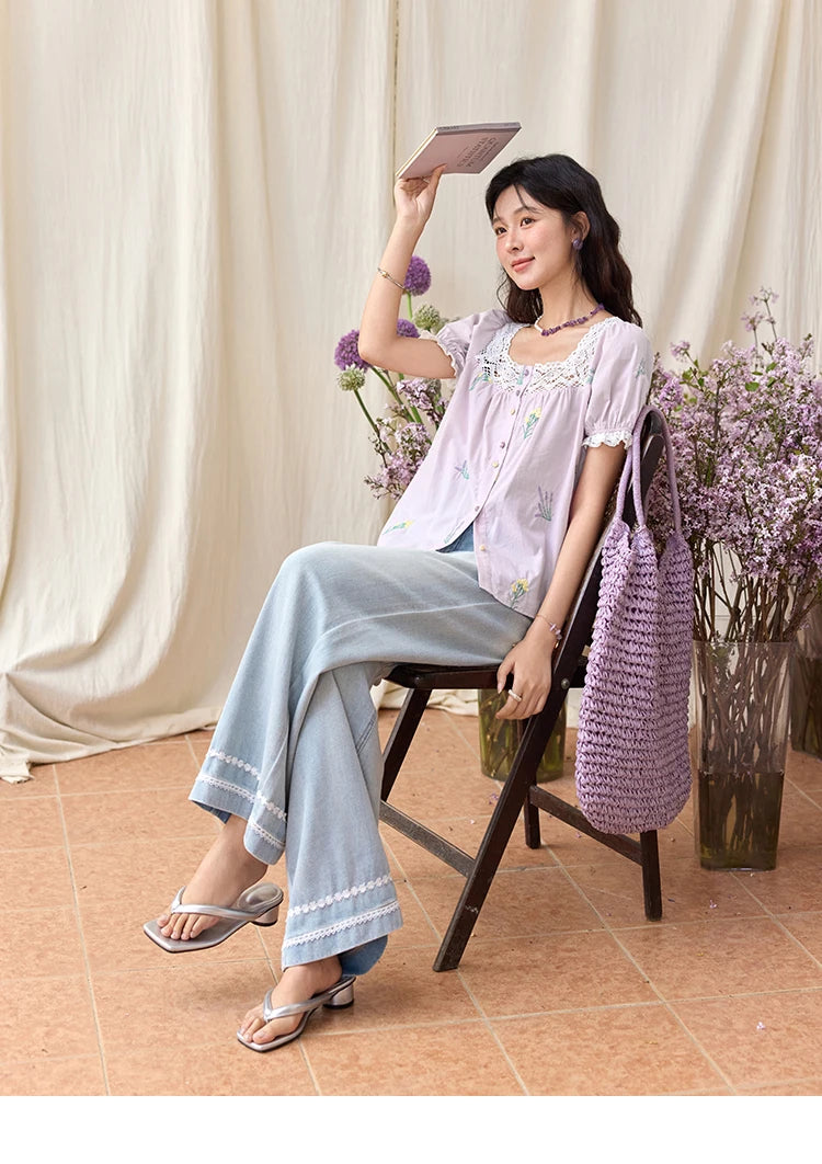 MISHOW Lace Patchwork Square Collar Blouse Puff Sleeve MXE36X1830