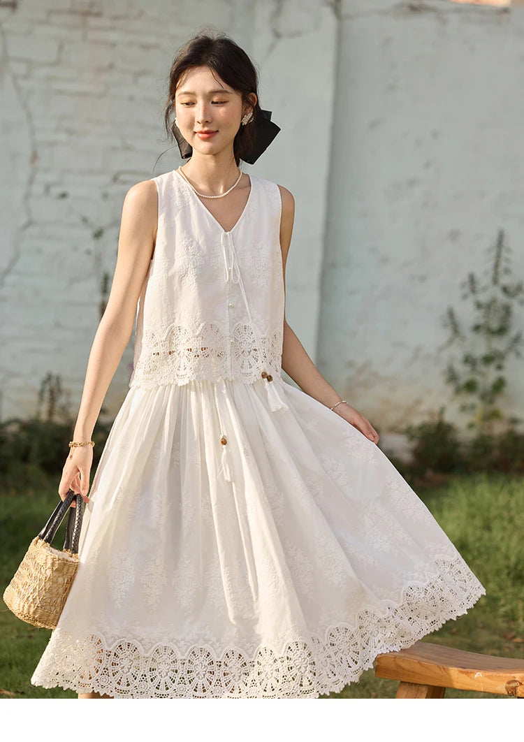 Mishow Embroidery V-Neck Lace Up Top & Elastic Waist Skirt Set MXE33T0593