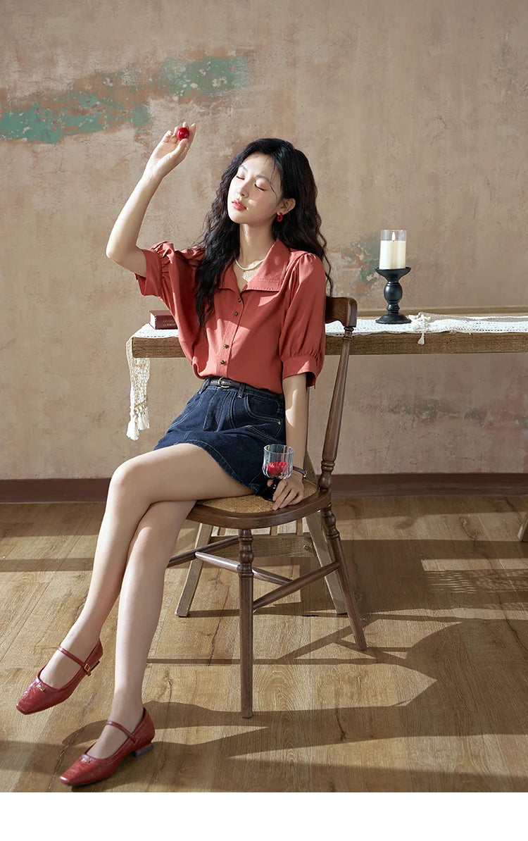 MISHOW Short Sleeve Blouse Lapel Simple Loose Fit MXD28C0247