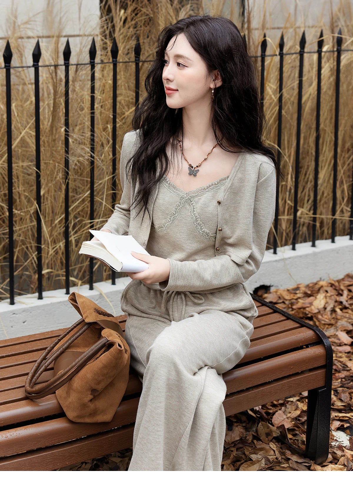 Mishow French Lace Splicing Camisole Cardigan & Straight Pants Set MXD47T0405