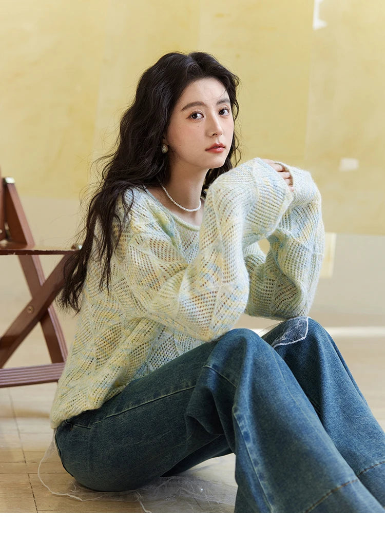 Mishow Hollow Dropped Shoulder Hem Wavy Edge Sweater MXE14Z1208