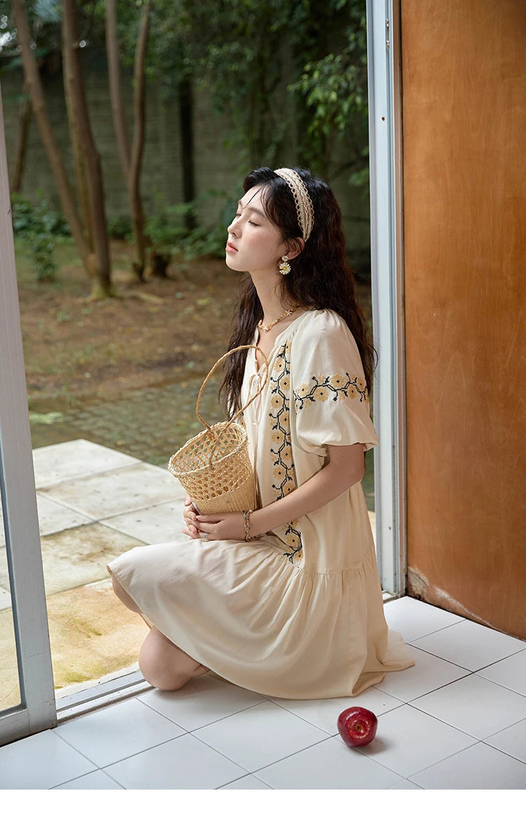Mishow Korean Sunflower Embroidery Lace-Up Doll Dress MXD30L1959
