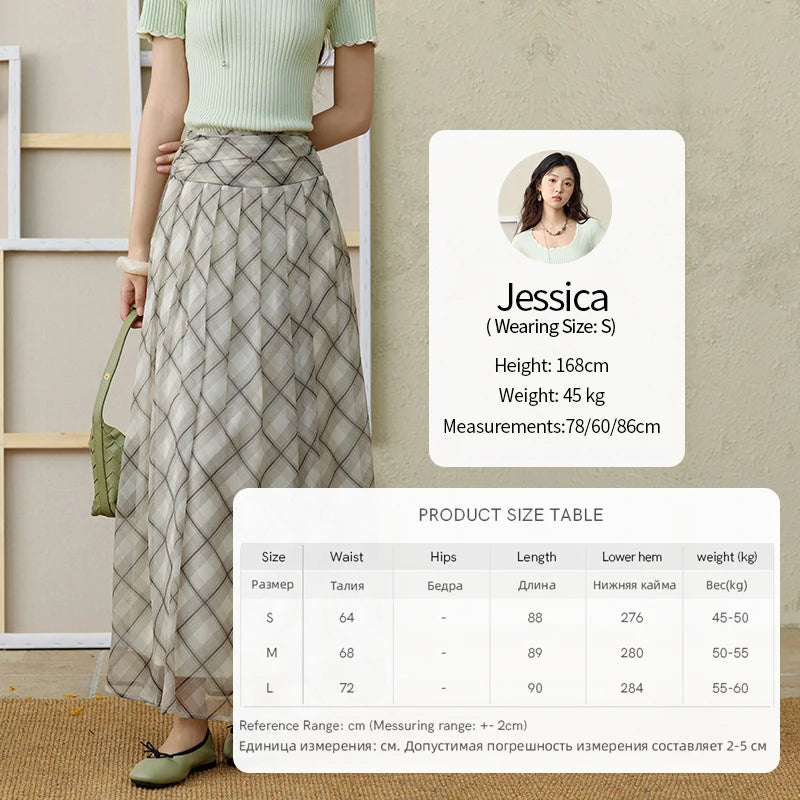 MISHOW Apricot Green Retro Plaid Skirt Pleated Chiffon High Waist A-Line MXE35B0747