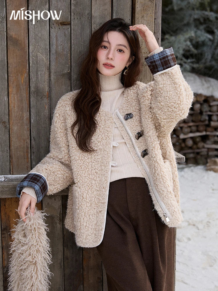 Mishow Plaid Patchwork Curly Lambswool Coat MXE87W0939