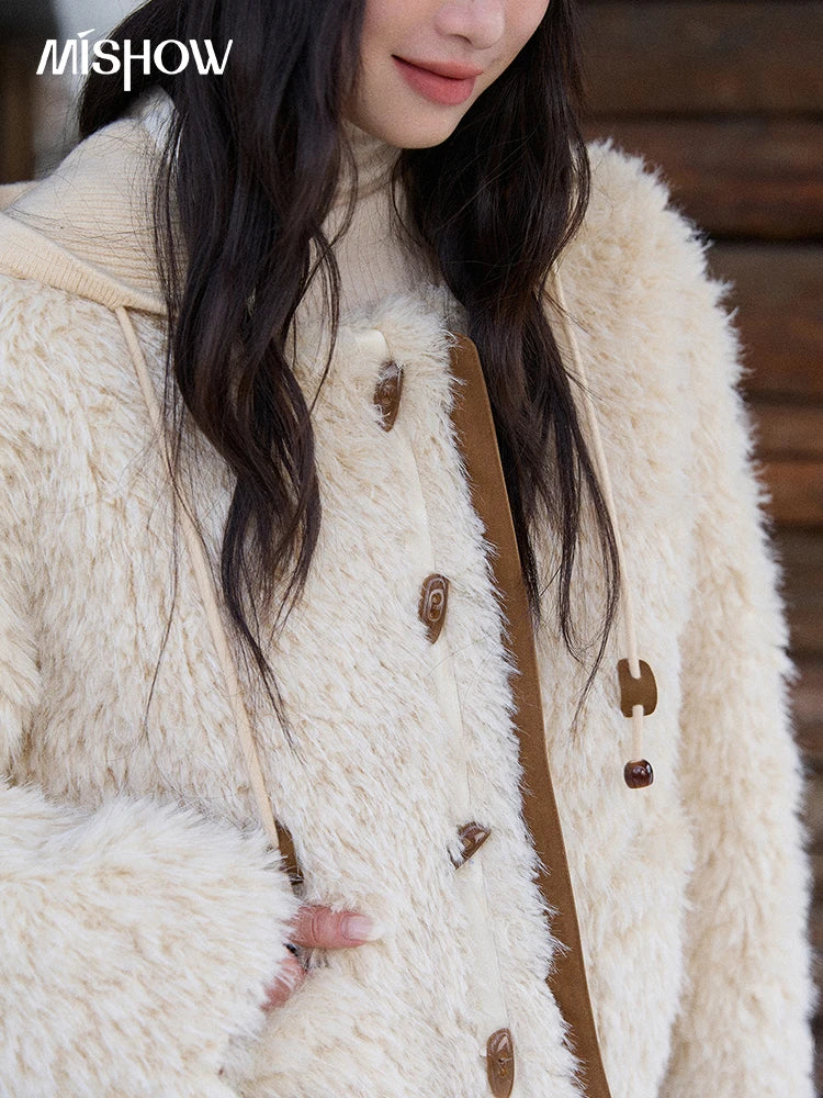 MISHOW Beige Knitted Hooded Plush Coat Warm Windproof MXE86W0908