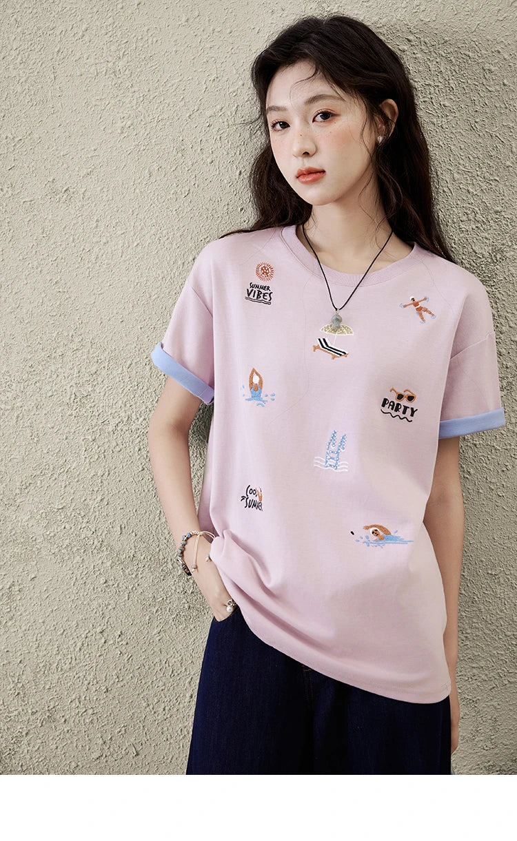 Mishow Embroidered Cartoon Round Neck Tee MXE16T0506