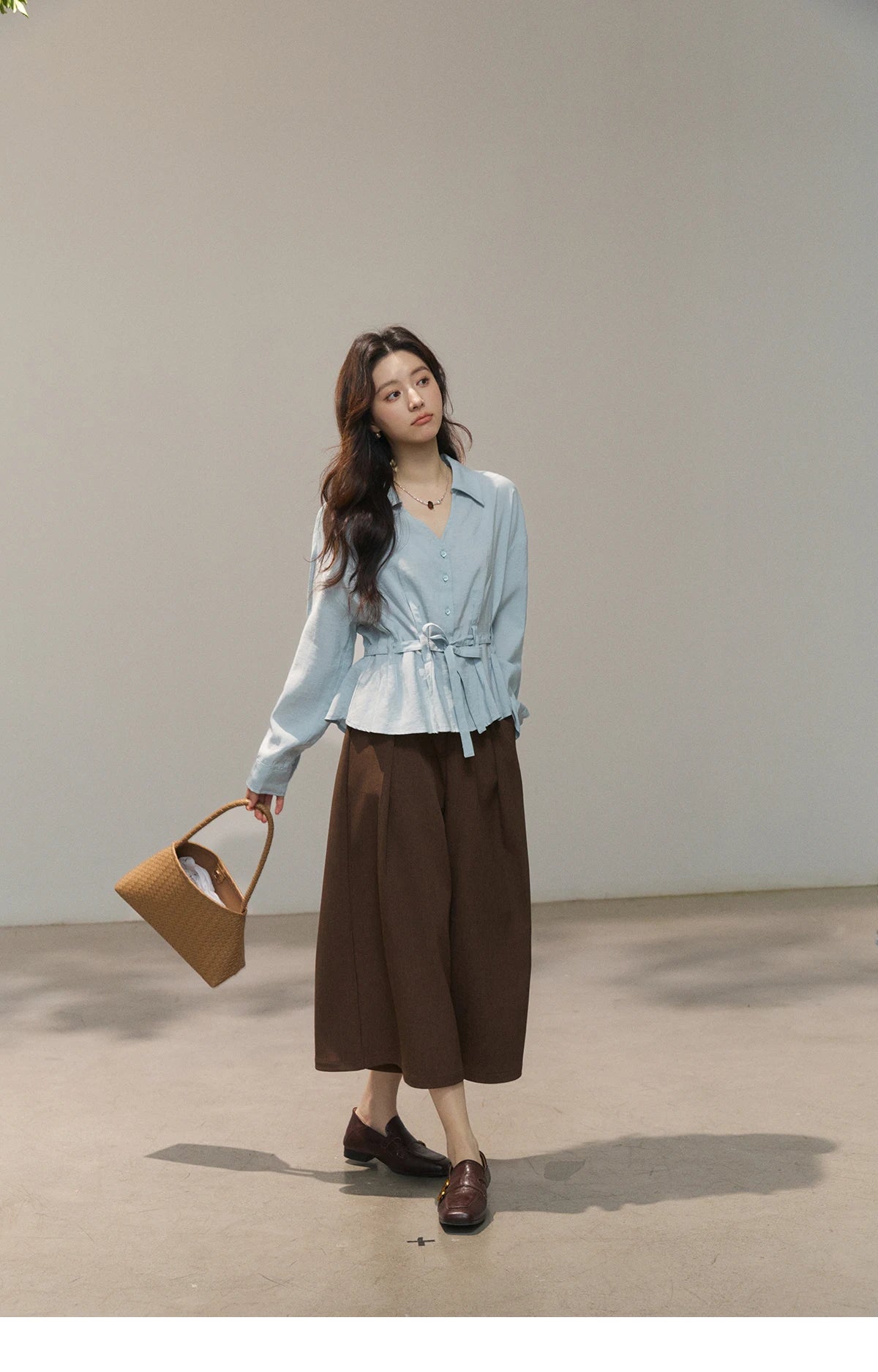 MISHOW Light Blue Lyocell Shirt V-Neck Belted Waist MXF13C2437