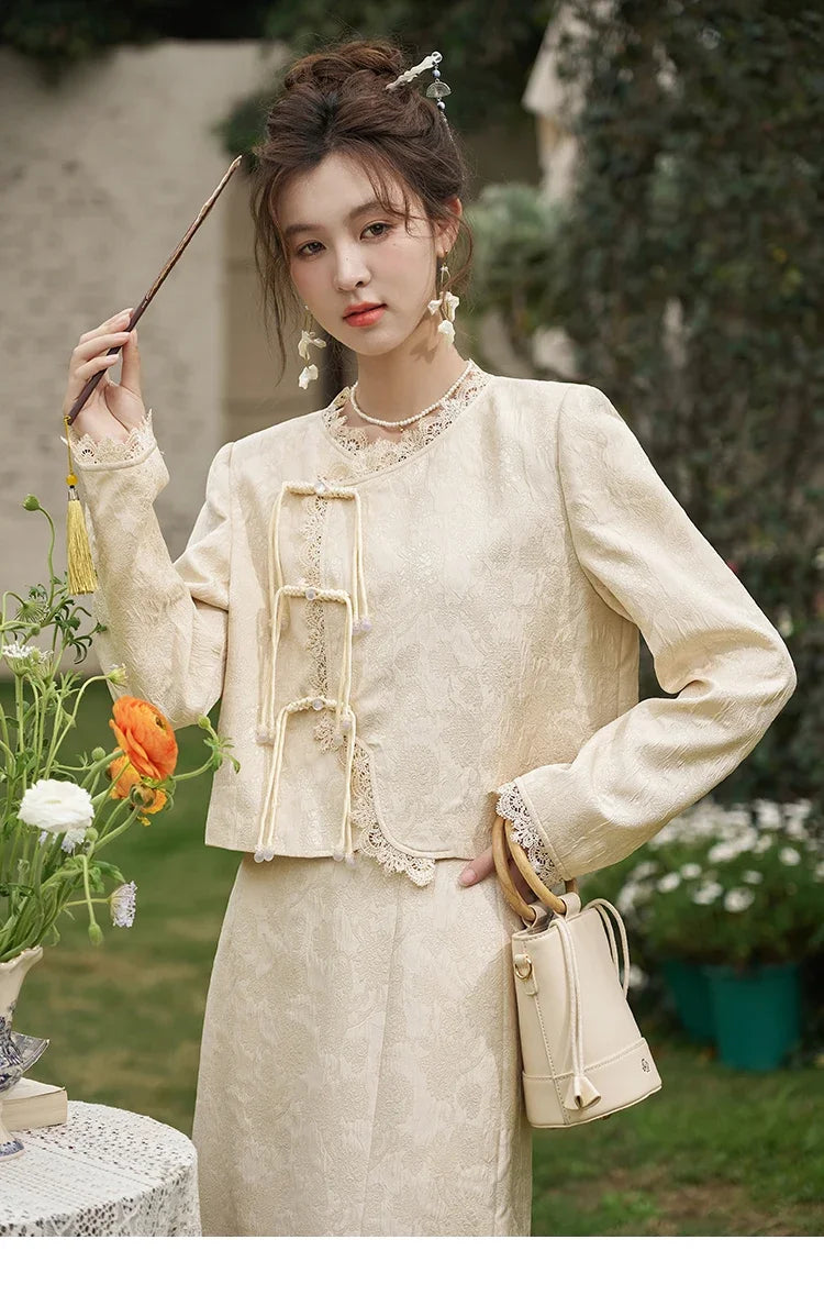 Mishow Chinese Lace Edge Jacket & Front Split Midi Skirt Set MXD15W0370