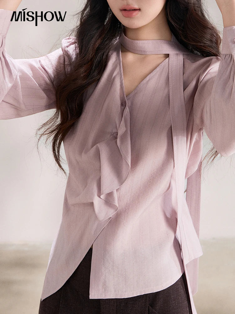 MISHOW Women's Purple Ribbon V-Neck Ruffled Shirt MXF13X2527