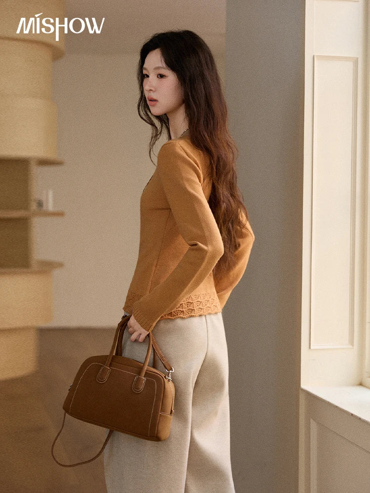 Mishow Beige Contrast French Hem Crochet Sweater MXE89Z2634