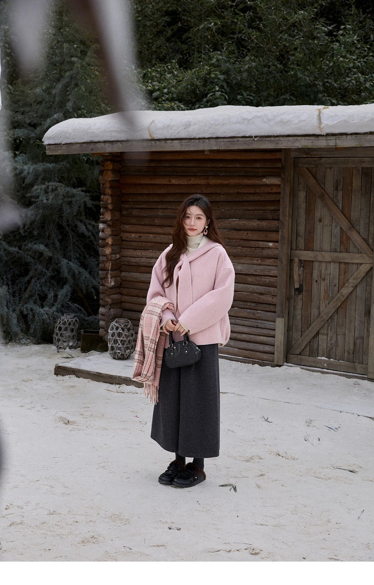 Mishow Pink Wool Hooded Bow Tie Strap Coat MXE91W1010