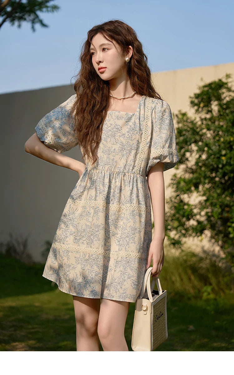 Mishow Square Collar Blue Floral Puff Sleeve Dress MXC38L1520