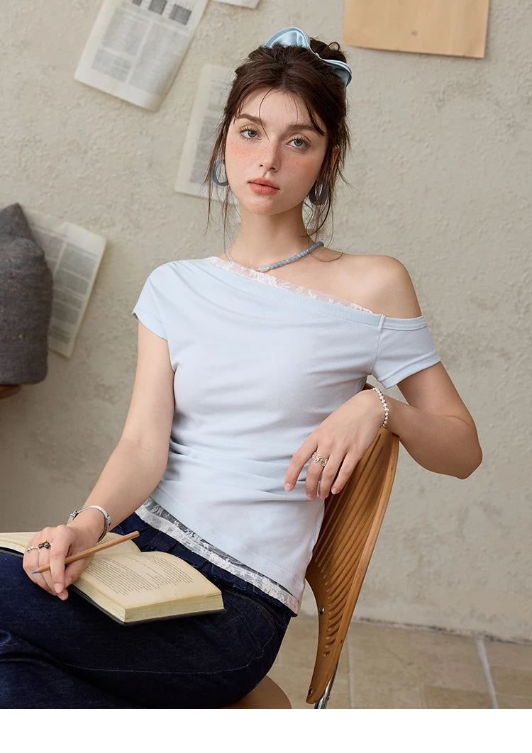 Mishow Skew Collar Off-Shoulder Lace Tee MXE31T0503