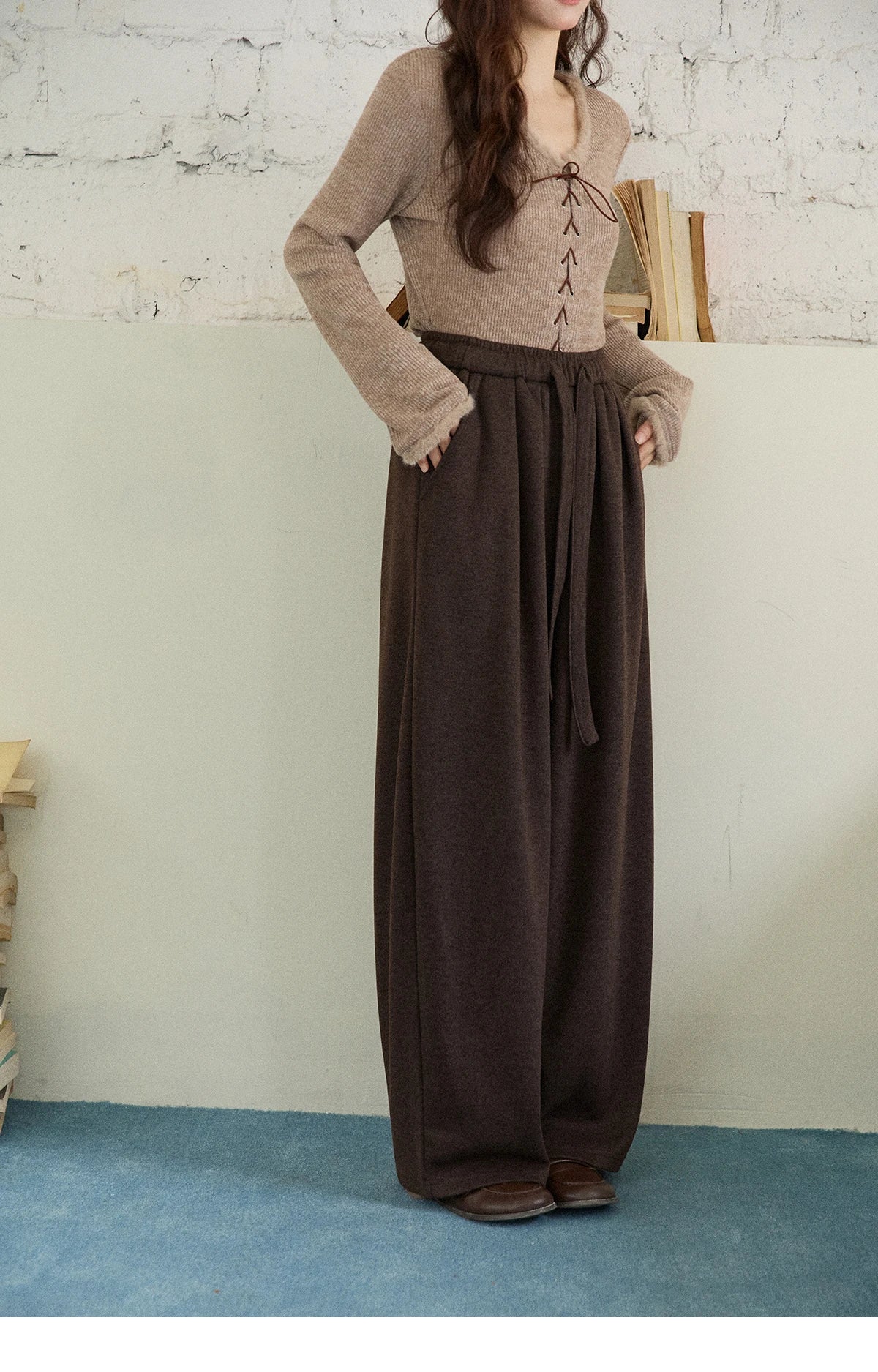 MISHOW Brown Wide-Leg Pants Thickened Drawstring Waistband MXE87K1126