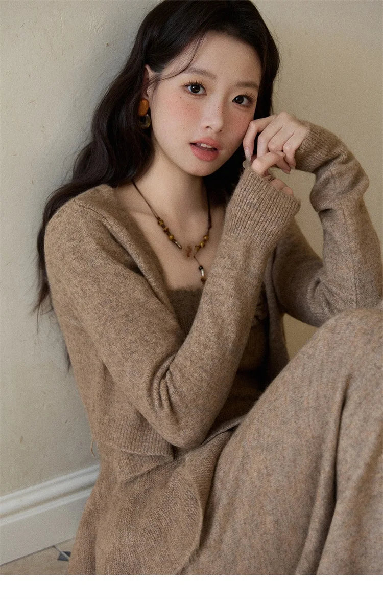 Mishow Khaki Knitted Three-Dimensional Floral Camisole Cardigan & Wide Leg Pants Three-Piece Set MXE87T1449