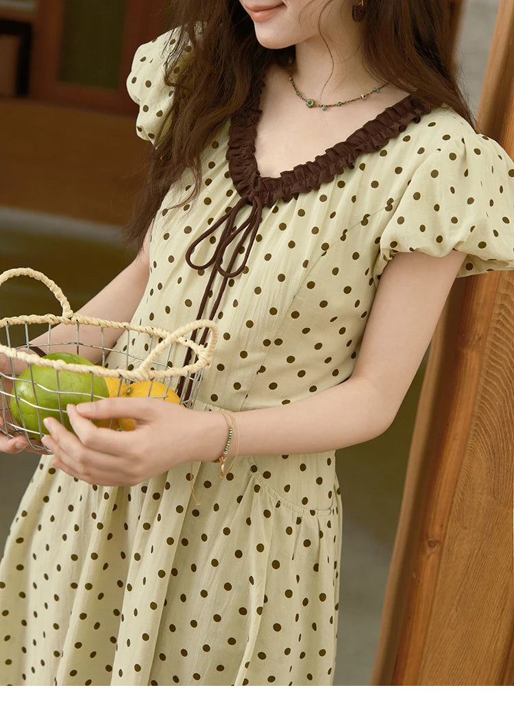 Mishow Polka Dot V-Neck Lace Up Puff Sleeve Dress MXE39L2326