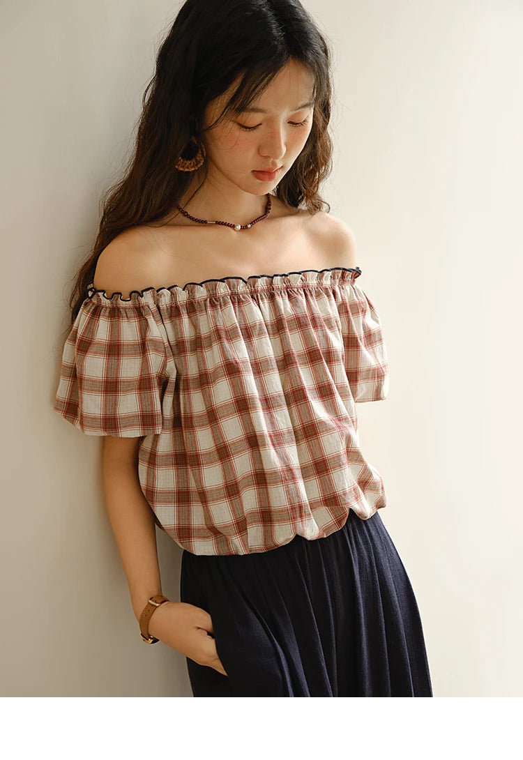 Mishow Retro Red Grid Puff Sleeve Top & Wide Leg Pants Set MXE37T0649
