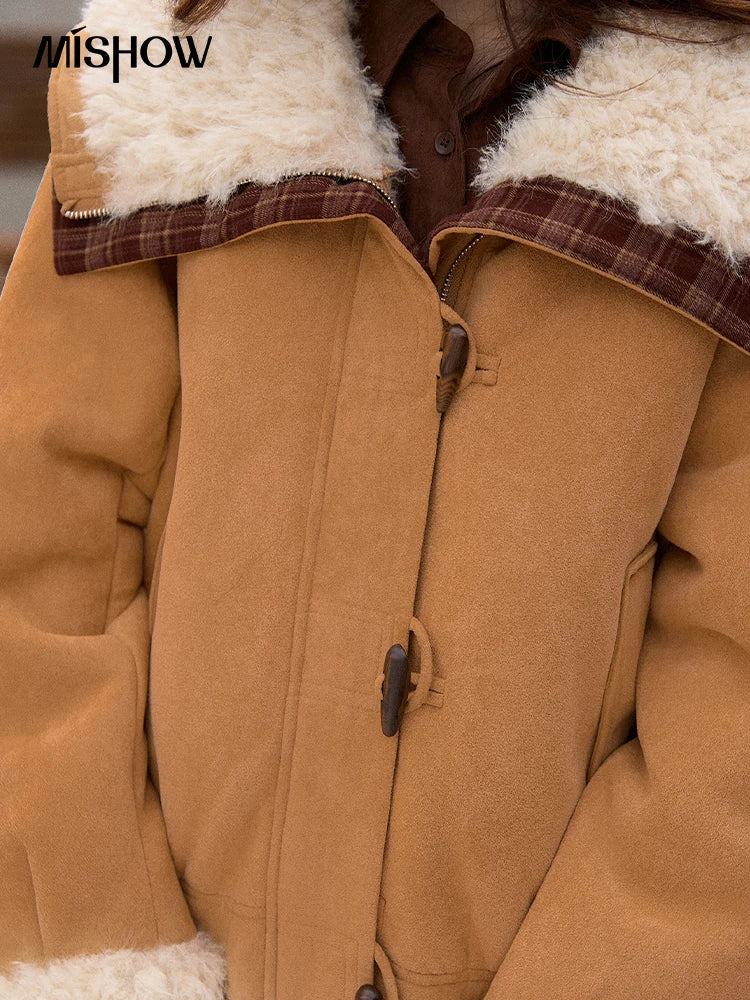 MISHOW Camel Shearling Jacket Faux Fur Collar Splicing Plaid Horn Button MXE91W1002