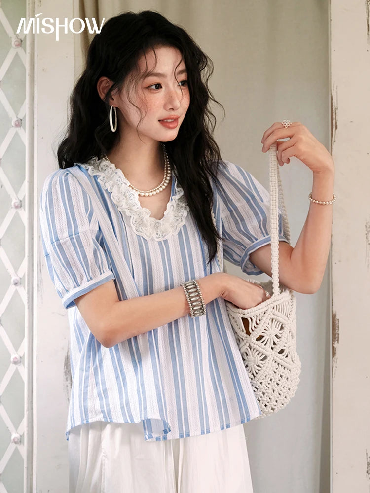 MISHOW Cotton Striped Blouse Lantern Sleeve Lace V-Neck MXE36X1845