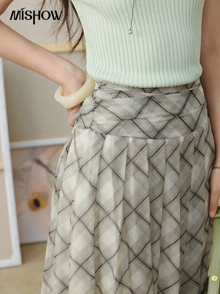 MISHOW Apricot Green Retro Plaid Skirt Pleated Chiffon High Waist A-Line MXE35B0747