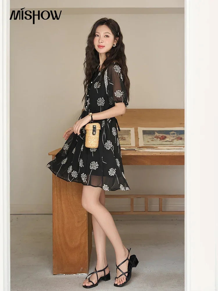 Mishow Taraxacum Black Embroidered Lace-Up Dress MXC39L1567