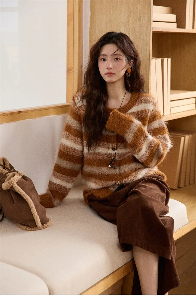 Mishow Retro Striped Round Neck Wool Cardigan MXE87Z2723